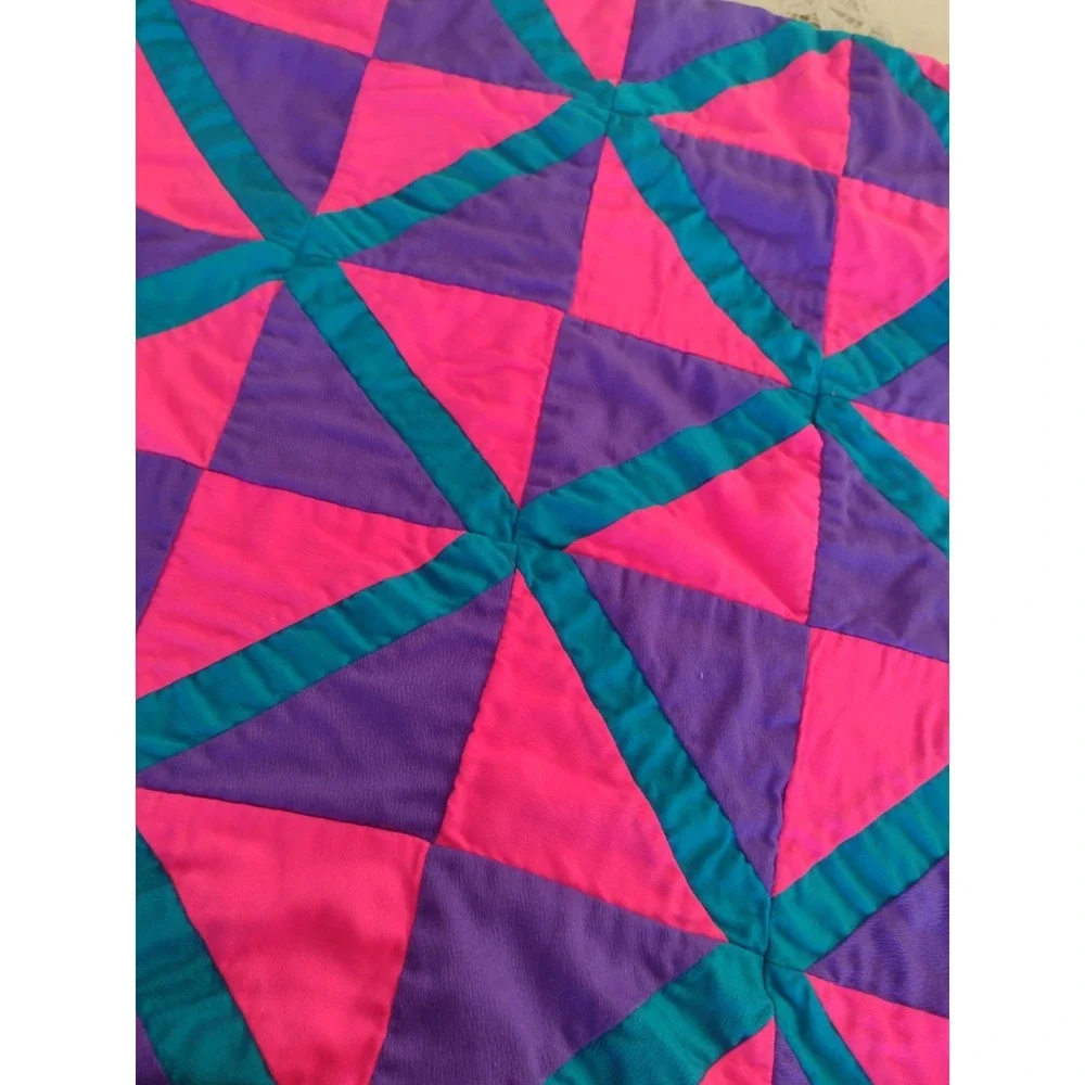 Vtg Neon 70s Cutter Quilt Blanket Handmade Solid Pink Purple Turquoise 60x60